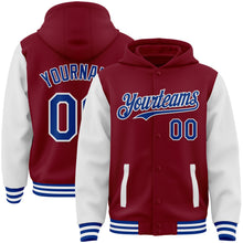 Load image into Gallery viewer, Custom Crimson Royal-White Bomber Full-Snap Varsity Letterman Two Tone Hoodie Jacket
