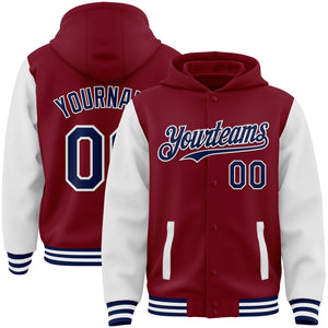 Custom Crimson Navy-White Bomber Full-Snap Varsity Letterman Two Tone Hoodie Jacket