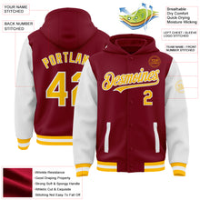 Charger l&#39;image dans la galerie, Custom Crimson Gold-White Bomber Full-Snap Varsity Letterman Two Tone Hoodie Jacket
