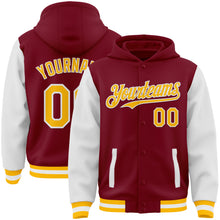 Charger l&#39;image dans la galerie, Custom Crimson Gold-White Bomber Full-Snap Varsity Letterman Two Tone Hoodie Jacket
