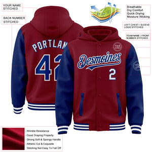 Custom Crimson Royal-White Bomber Full-Snap Varsity Letterman Two Tone Hoodie Jacket