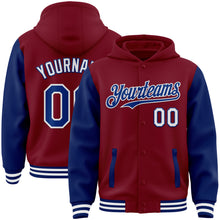 Charger l&#39;image dans la galerie, Custom Crimson Royal-White Bomber Full-Snap Varsity Letterman Two Tone Hoodie Jacket
