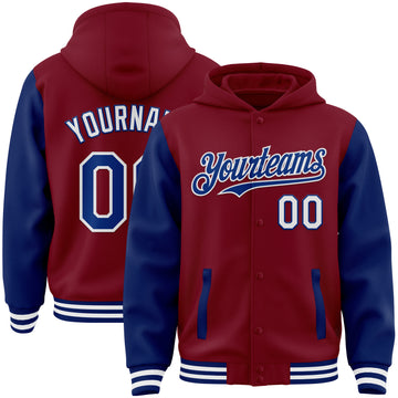 Custom Crimson Royal-White Bomber Full-Snap Varsity Letterman Two Tone Hoodie Jacket