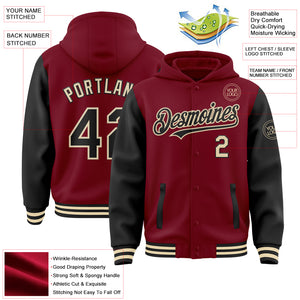 Custom Crimson Black-Cream Bomber Full-Snap Varsity Letterman Two Tone Hoodie Jacket