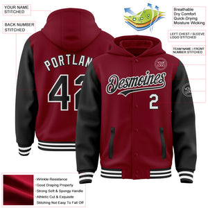 Custom Crimson Black-White Bomber Full-Snap Varsity Letterman Two Tone Hoodie Jacket