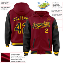 Load image into Gallery viewer, Custom Crimson Black-Gold Bomber Full-Snap Varsity Letterman Two Tone Hoodie Jacket
