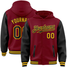 Charger l&#39;image dans la galerie, Custom Crimson Black-Gold Bomber Full-Snap Varsity Letterman Two Tone Hoodie Jacket
