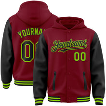 Charger l&#39;image dans la galerie, Custom Crimson Black-Neon Green Bomber Full-Snap Varsity Letterman Two Tone Hoodie Jacket
