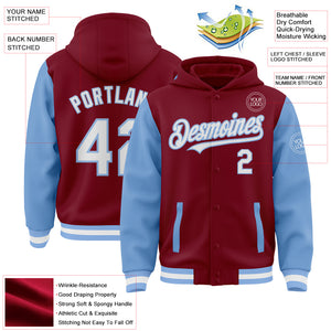 Custom Crimson White-Light Blue Bomber Full-Snap Varsity Letterman Two Tone Hoodie Jacket