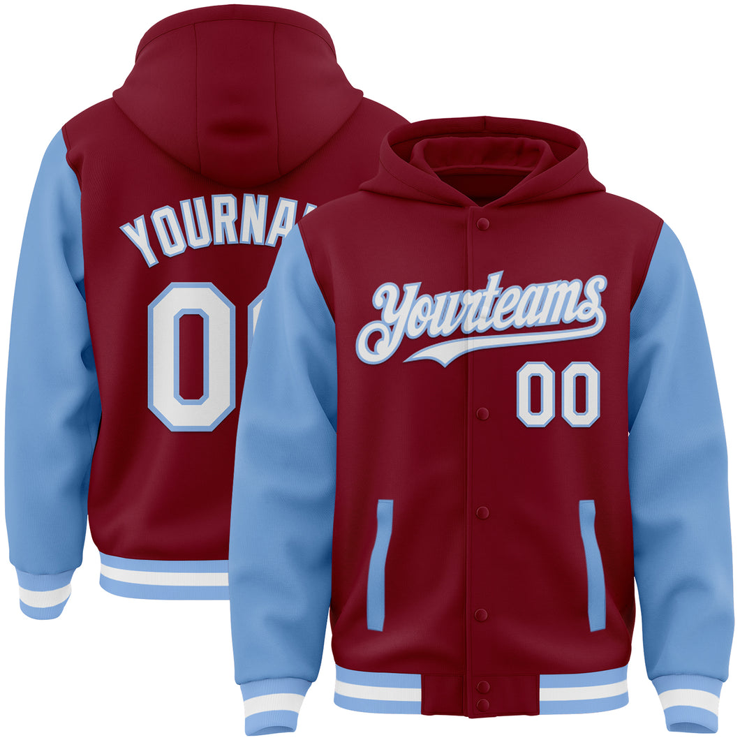 Custom Crimson White-Light Blue Bomber Full-Snap Varsity Letterman Two Tone Hoodie Jacket