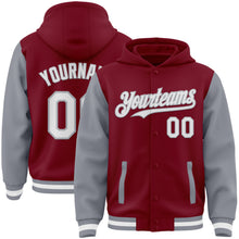 Charger l&#39;image dans la galerie, Custom Crimson White-Gray Bomber Full-Snap Varsity Letterman Two Tone Hoodie Jacket
