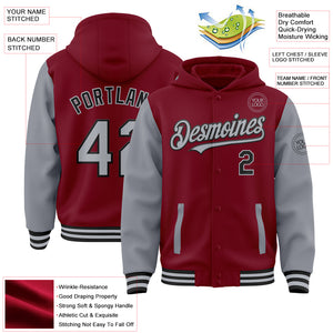 Custom Crimson Gray-Black Bomber Full-Snap Varsity Letterman Two Tone Hoodie Jacket