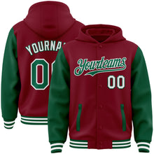 Charger l&#39;image dans la galerie, Custom Crimson Kelly Green-White Bomber Full-Snap Varsity Letterman Two Tone Hoodie Jacket
