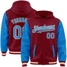 Charger l&#39;image dans la galerie, Custom Crimson Powder Blue Cream-Maroon Bomber Full-Snap Varsity Letterman Two Tone Hoodie Jacket
