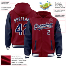 Load image into Gallery viewer, Custom Crimson Navy-White Bomber Full-Snap Varsity Letterman Two Tone Hoodie Jacket
