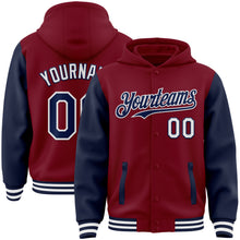 Charger l&#39;image dans la galerie, Custom Crimson Navy-White Bomber Full-Snap Varsity Letterman Two Tone Hoodie Jacket
