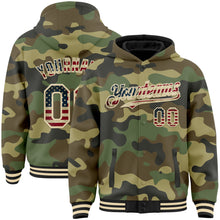 Загрузить изображение в средство просмотра галереи, Custom Camo Vintage USA Flag Cream-Black 3D Bomber Full-Snap Varsity Letterman Salute To Service Hoodie Jacket
