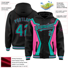 Загрузить изображение в средство просмотра галереи, Custom Black Aqua-Pink Arrow 3D Pattern Design Bomber Full-Snap Varsity Letterman Hoodie Jacket
