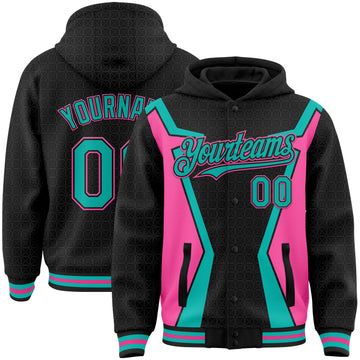 Custom Black Aqua-Pink Arrow 3D Pattern Design Bomber Full-Snap Varsity Letterman Hoodie Jacket