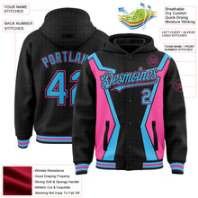 Загрузить изображение в средство просмотра галереи, Custom Black Sky Blue-Pink Arrow 3D Pattern Design Bomber Full-Snap Varsity Letterman Hoodie Jacket
