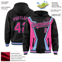 Загрузить изображение в средство просмотра галереи, Custom Black Pink-Light Blue Arrow 3D Pattern Design Bomber Full-Snap Varsity Letterman Hoodie Jacket
