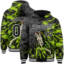 Charger l&#39;image dans la galerie, Custom Black Neon Green-White Snakehead Fish Fishing 3D Bomber Full-Snap Varsity Letterman Hoodie Jacket
