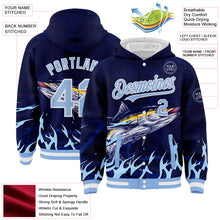 Загрузить изображение в средство просмотра галереи, Custom Navy Light Blue-White Tuna Fish Fishing 3D Bomber Full-Snap Varsity Letterman Hoodie Jacket
