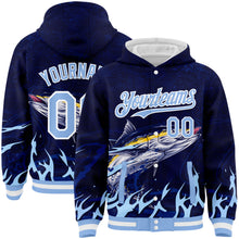 Загрузить изображение в средство просмотра галереи, Custom Navy Light Blue-White Tuna Fish Fishing 3D Bomber Full-Snap Varsity Letterman Hoodie Jacket
