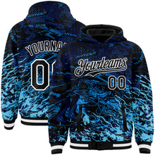 Загрузить изображение в средство просмотра галереи, Custom Navy Black-Light Blue Tuna Fish Fishing 3D Bomber Full-Snap Varsity Letterman Hoodie Jacket
