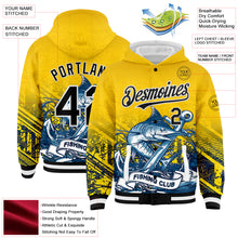 Загрузить изображение в средство просмотра галереи, Custom Gold Black-White Marlin Fish Fishing 3D Bomber Full-Snap Varsity Letterman Hoodie Jacket
