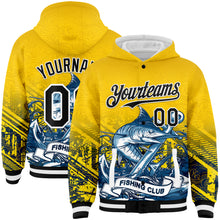 Загрузить изображение в средство просмотра галереи, Custom Gold Black-White Marlin Fish Fishing 3D Bomber Full-Snap Varsity Letterman Hoodie Jacket
