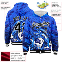 Загрузить изображение в средство просмотра галереи, Custom Royal Black-White Marlin Fish Fishing 3D Bomber Full-Snap Varsity Letterman Hoodie Jacket
