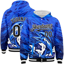 Charger l&#39;image dans la galerie, Custom Royal Black-White Marlin Fish Fishing 3D Bomber Full-Snap Varsity Letterman Hoodie Jacket
