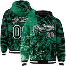 Загрузить изображение в средство просмотра галереи, Custom Kelly Green Black-White Barracuda Fish Fishing 3D Bomber Full-Snap Varsity Letterman Hoodie Jacket
