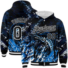 Загрузить изображение в средство просмотра галереи, Custom Navy Black-White Marlin Fish Fishing 3D Bomber Full-Snap Varsity Letterman Hoodie Jacket
