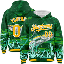 Загрузить изображение в средство просмотра галереи, Custom Green Gold-White Tuna Fish Fishing 3D Bomber Full-Snap Varsity Letterman Hoodie Jacket
