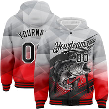 Charger l&#39;image dans la galerie, Custom Gray Black-Red Largemouth Bass Fish Fishing 3D Bomber Full-Snap Varsity Letterman Hoodie Jacket
