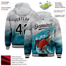 Загрузить изображение в средство просмотра галереи, Custom Gray Black-Aqua Salmon Fish Fishing 3D Bomber Full-Snap Varsity Letterman Hoodie Jacket
