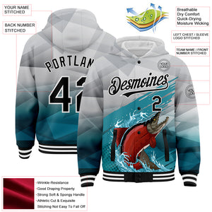 Custom Gray Black-Aqua Salmon Fish Fishing 3D Bomber Full-Snap Varsity Letterman Hoodie Jacket