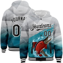 Загрузить изображение в средство просмотра галереи, Custom Gray Black-Aqua Salmon Fish Fishing 3D Bomber Full-Snap Varsity Letterman Hoodie Jacket
