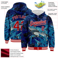 Загрузить изображение в средство просмотра галереи, Custom Royal Red-White Marlin Fish Fishing 3D Bomber Full-Snap Varsity Letterman Hoodie Jacket
