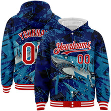 Загрузить изображение в средство просмотра галереи, Custom Royal Red-White Marlin Fish Fishing 3D Bomber Full-Snap Varsity Letterman Hoodie Jacket
