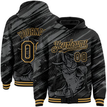 Загрузить изображение в средство просмотра галереи, Custom Black Old Gold Largemouth Bass Fish Fishing 3D Bomber Full-Snap Varsity Letterman Hoodie Jacket
