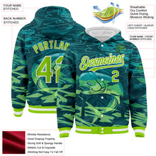 Charger l&#39;image dans la galerie, Custom Teal Neon Green-White Mahimah Fish Fishing 3D Bomber Full-Snap Varsity Letterman Hoodie Jacket
