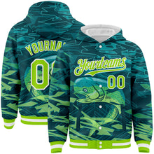 Charger l&#39;image dans la galerie, Custom Teal Neon Green-White Mahimah Fish Fishing 3D Bomber Full-Snap Varsity Letterman Hoodie Jacket
