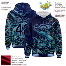 Load image into Gallery viewer, Custom Navy Light Blue Marlin Fish Fishing 3D Bomber Full-Snap Varsity Letterman Hoodie Jacket
