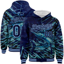 Charger l&#39;image dans la galerie, Custom Navy Light Blue Marlin Fish Fishing 3D Bomber Full-Snap Varsity Letterman Hoodie Jacket
