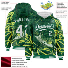 Charger l&#39;image dans la galerie, Custom Kelly Green White Largemouth Bass Fish Fishing 3D Bomber Full-Snap Varsity Letterman Hoodie Jacket
