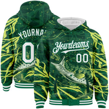 Загрузить изображение в средство просмотра галереи, Custom Kelly Green White Largemouth Bass Fish Fishing 3D Bomber Full-Snap Varsity Letterman Hoodie Jacket
