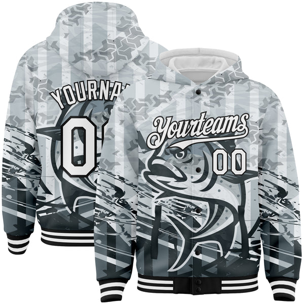 2024 Cheap Custom Gray White Black Giant Trevally Fish Fishing 3D Bomber Full Snap Varsity Letterman Hoodie Jacket Free Shipping CustomJerseysPro